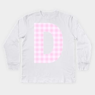 Pink Letter D in Plaid Pattern Background. Kids Long Sleeve T-Shirt